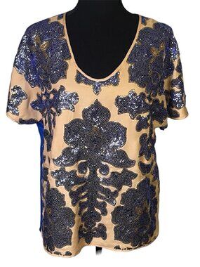 Neiman Marcus Target Tracy Reese Blouse Tunic Sz M Blue Tan Sequins Short Sleeve